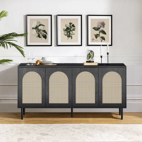 14 Karat Home 63" Wooden Sideboard 4 Doors Kitchen Storage Rattan Cabinet Living Room Adult Black