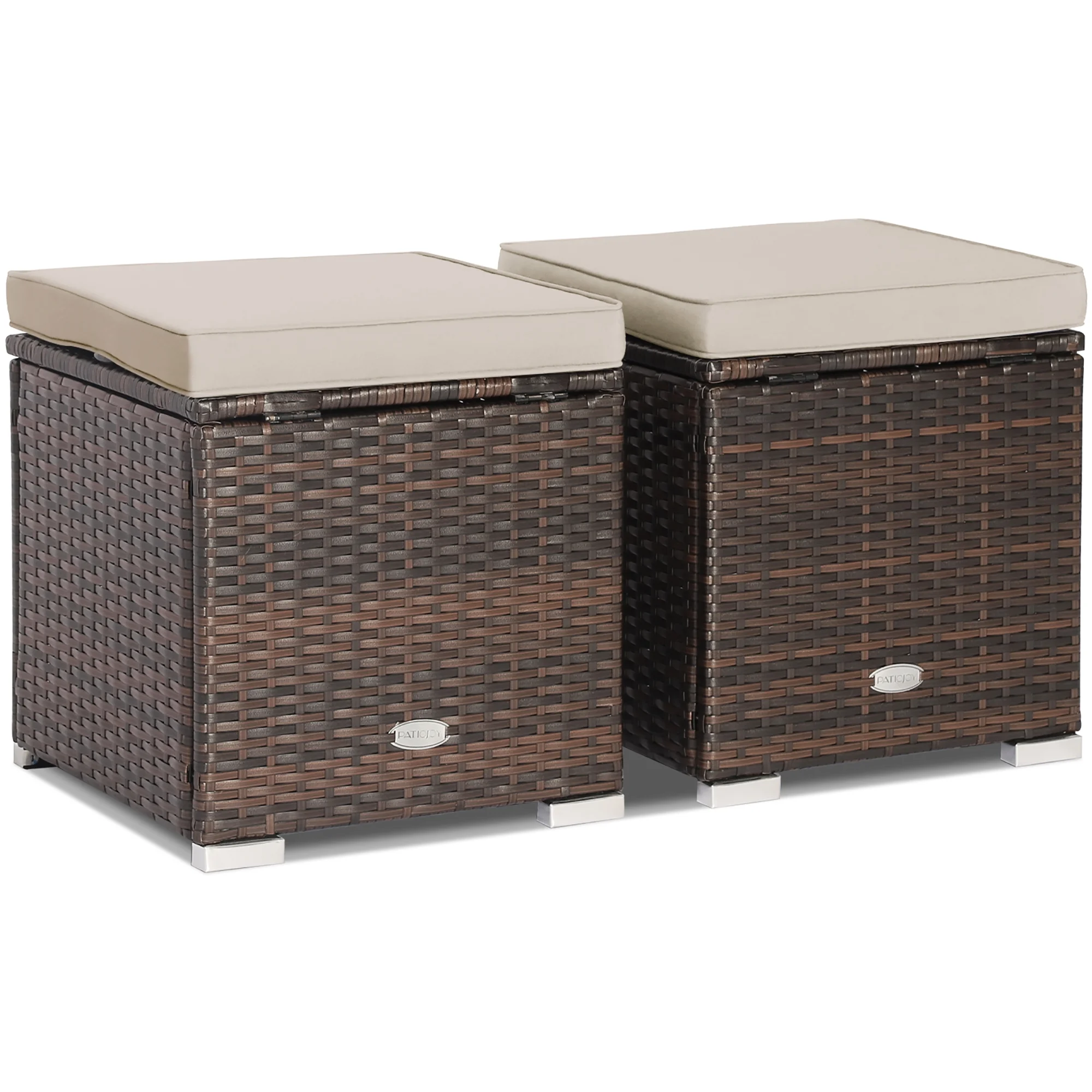 Costway 2PC Patio Rattan Ottoman Seat Side Table Storage Box Footrest Off White