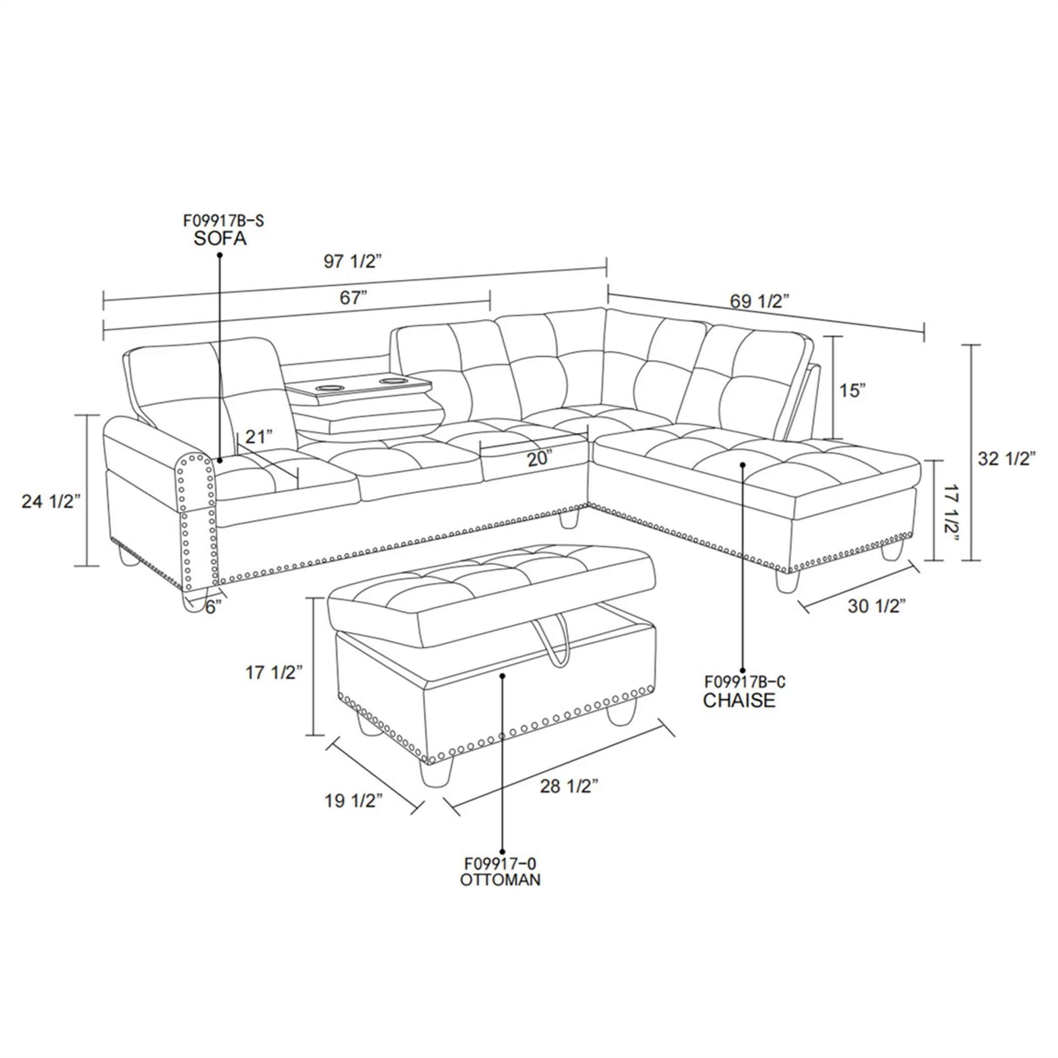 Aukfa 3 Piece Sectional Sofa, Living Room Couch with Storage Ottoman&Cup Holder, Linen, Right Hand, Purple