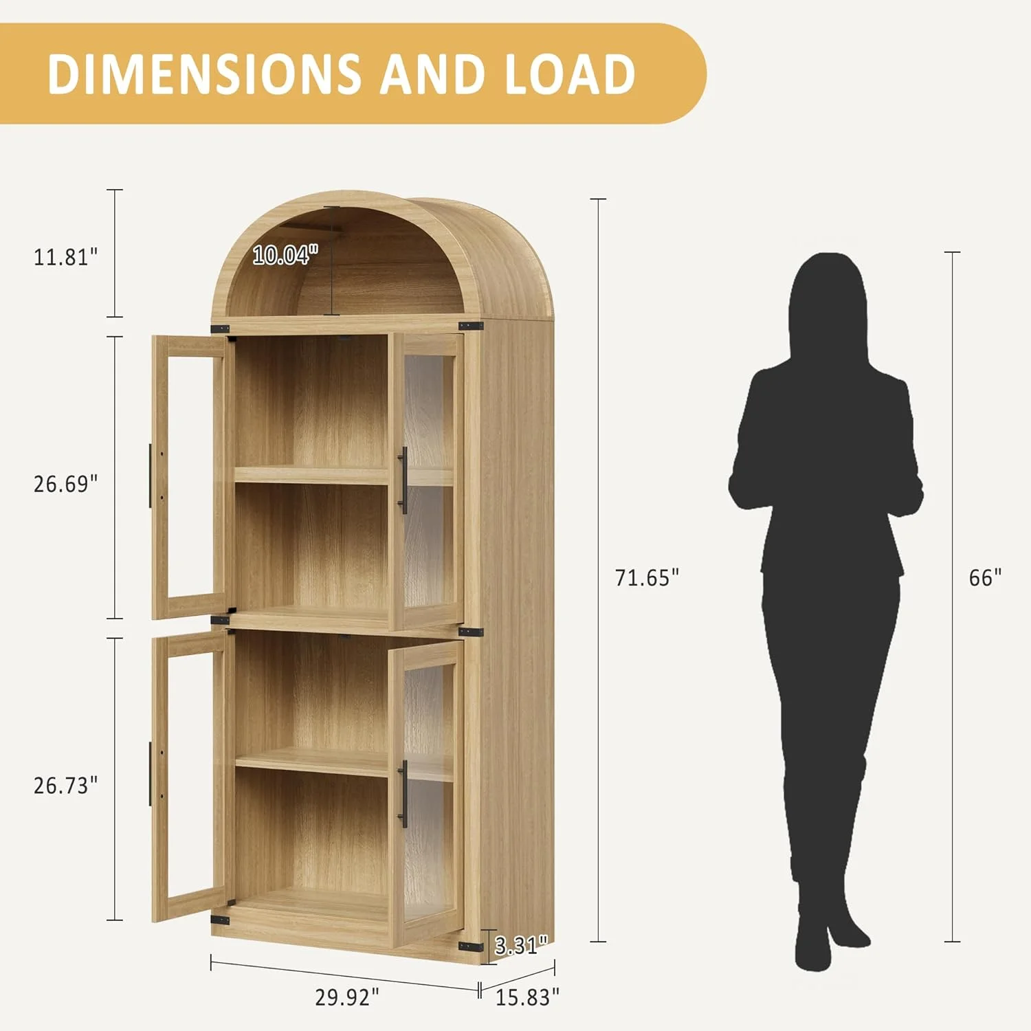 AOILE 72" Tall Arched Farmhouse Bookcase with Doors, Wooden Display Cabinet with Storage Shelves