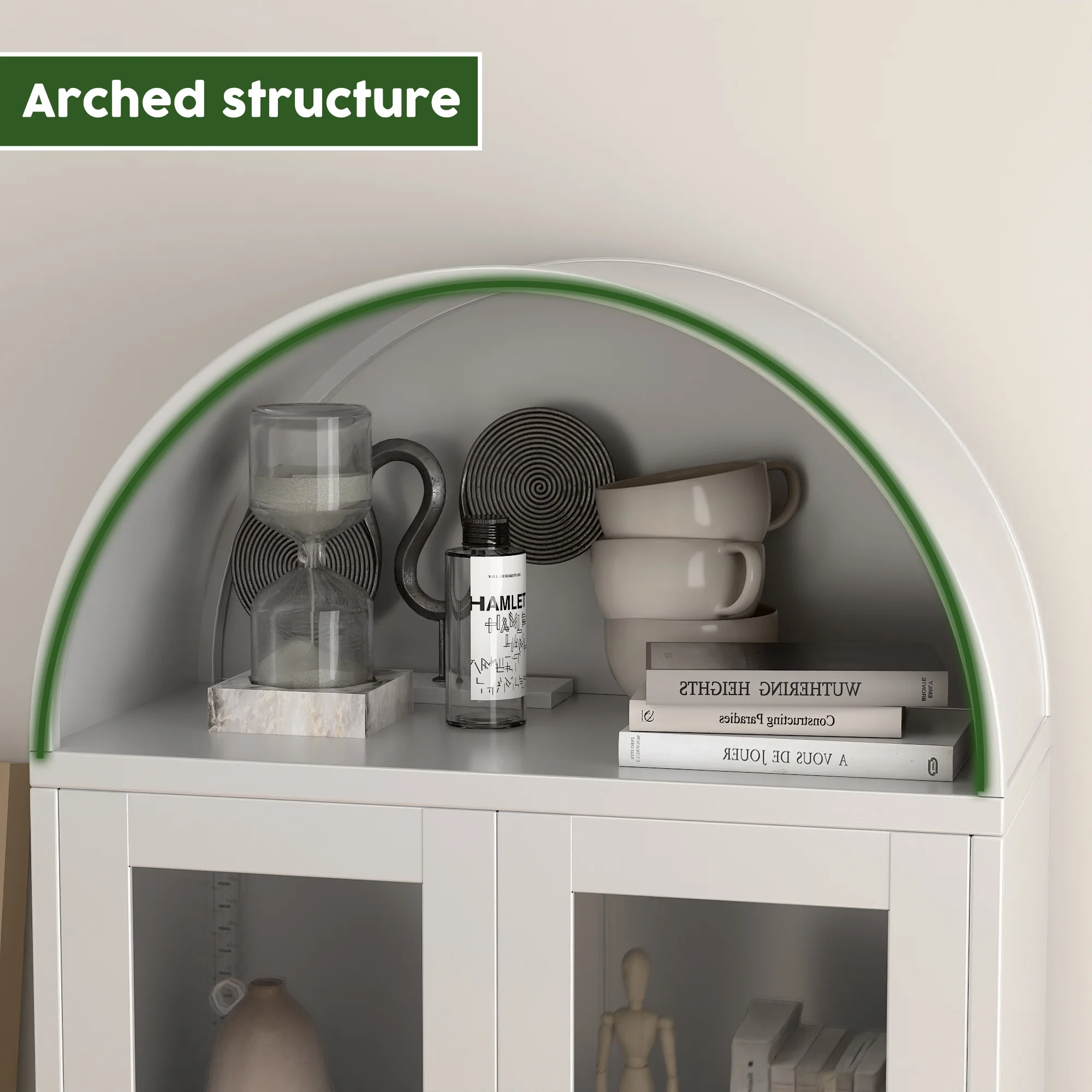 SUXXAN Metal Arched Storage Display Lockable Cabinets with Glass Doors and Adjustable Shelves, Assembly Required, Black
