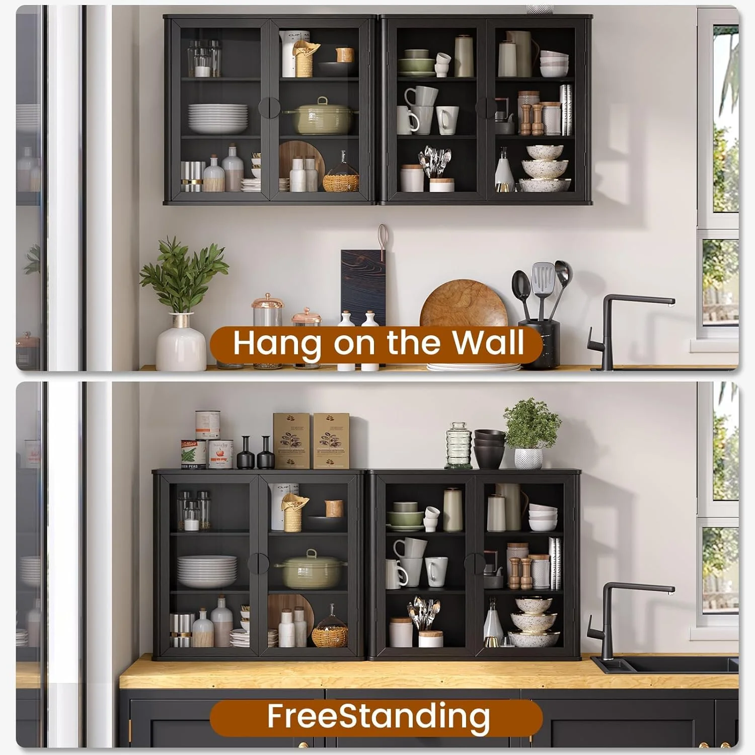 56" Black Wall Storage Cabinets,Kitchen Wall Cabinets with Glass Doors,Over The Toilet Storage Cabinets with Tempered Glass, Upper cabinets for Launtry, Kitchen,Bathroom, 28 inch X 2PCS