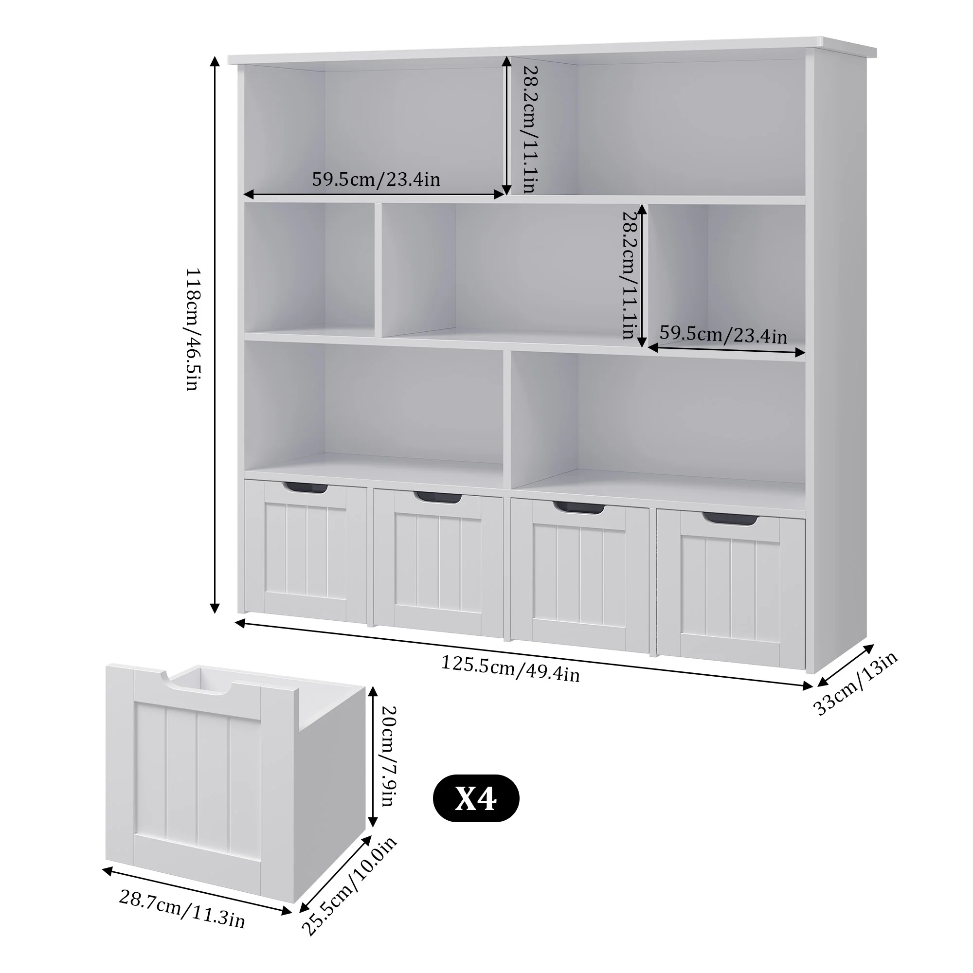 Homfa 7 Cube Toy Storage Organizer, Kids Geometric Bookcase and Bookshelf with 4 Drawers, White