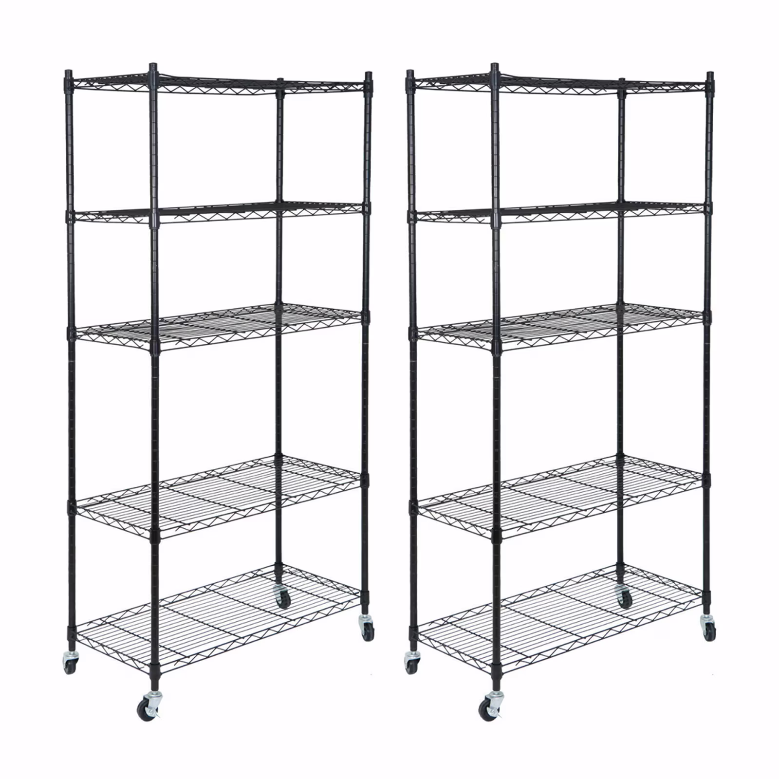 Brezey Set of 2 5-Shelf Wire Tier Layer Shelving Units with 4 Rolling Wheel Casters - Heavy-Duty Space-Saving Storage Solution, Dimensions: 30.1-(L)x14.2"(W)x63"(H)