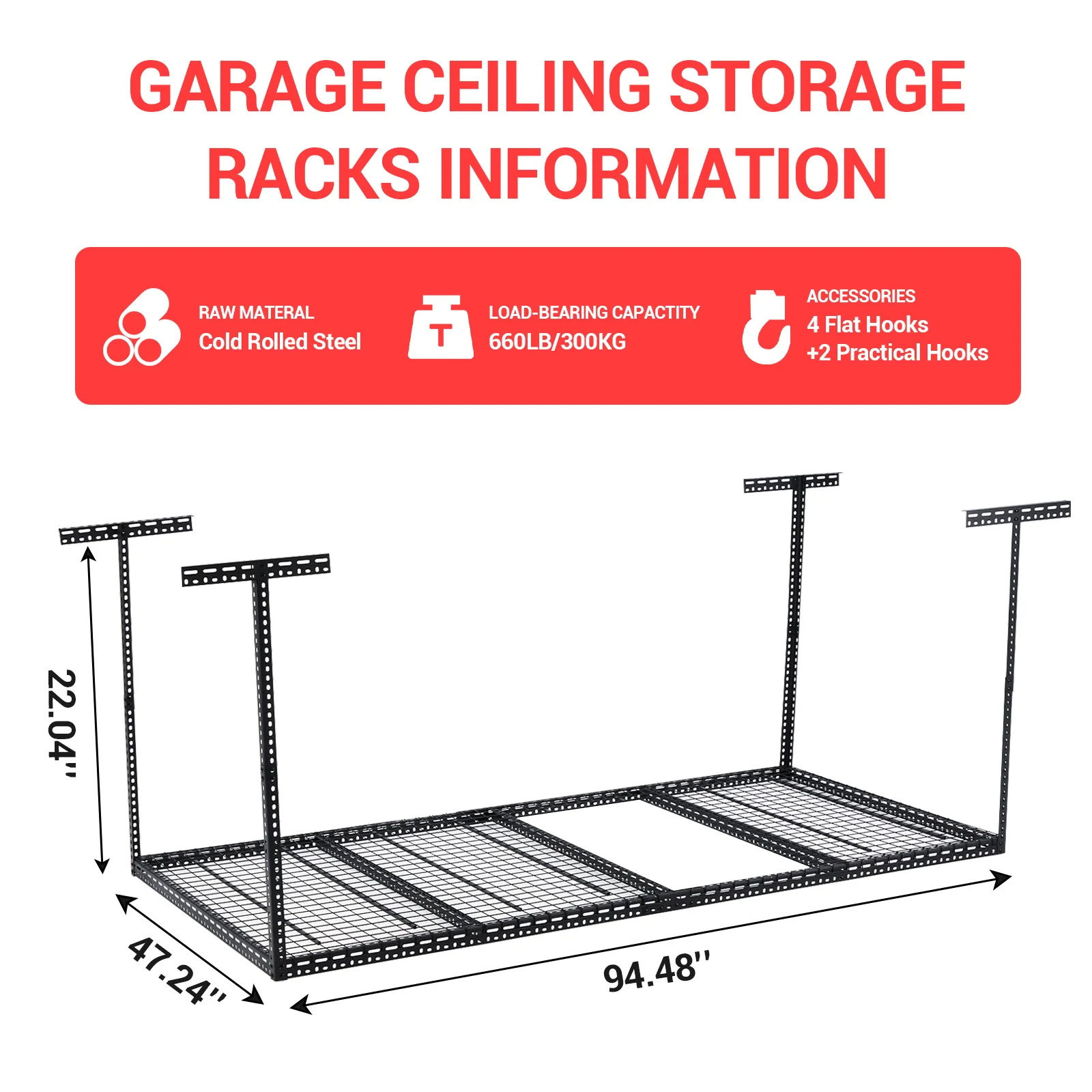 4x6 Overhead Garage Storage Rack -C Heavy Duty Metal Ceiling Shelving, Adjustable Organization System for Garage -C 330lb Capacity, Easy Install, Space-Saving Overhead Storage