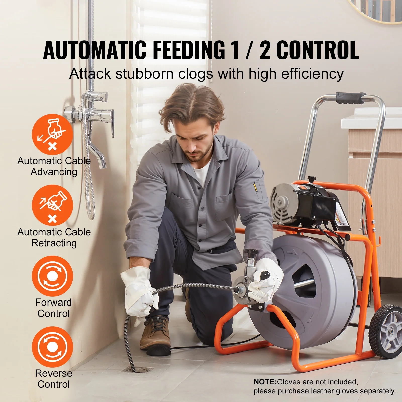 KFFKFF Drain Cleaning Machine 75FT x 1/2 Inch with Auto Feed, Mobile Drain Clearing Equipment, Includes 8 Cutters & Foot-operated Air Switch, Suitable for 2"-4" Pipes