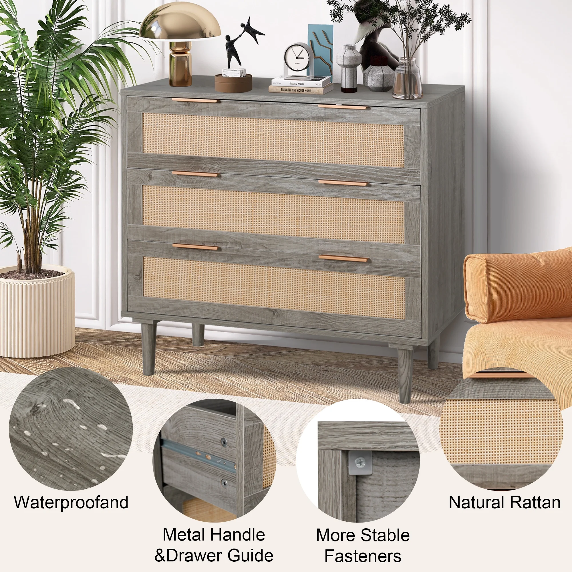 LAZZO 3 Modern Drawer Dresser Rattan, Wooden Dresser Chest of Large Storage Cabinet