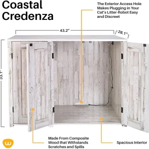 Litter-Robot Credenza with Litter Box Enclosure, Rustic White Plank Finish, 43.2” W x 28.1” D x 33.1” H, Stylish and Durable Hidden Cat Litter Box Furniture, Litter-Robot Not Included
