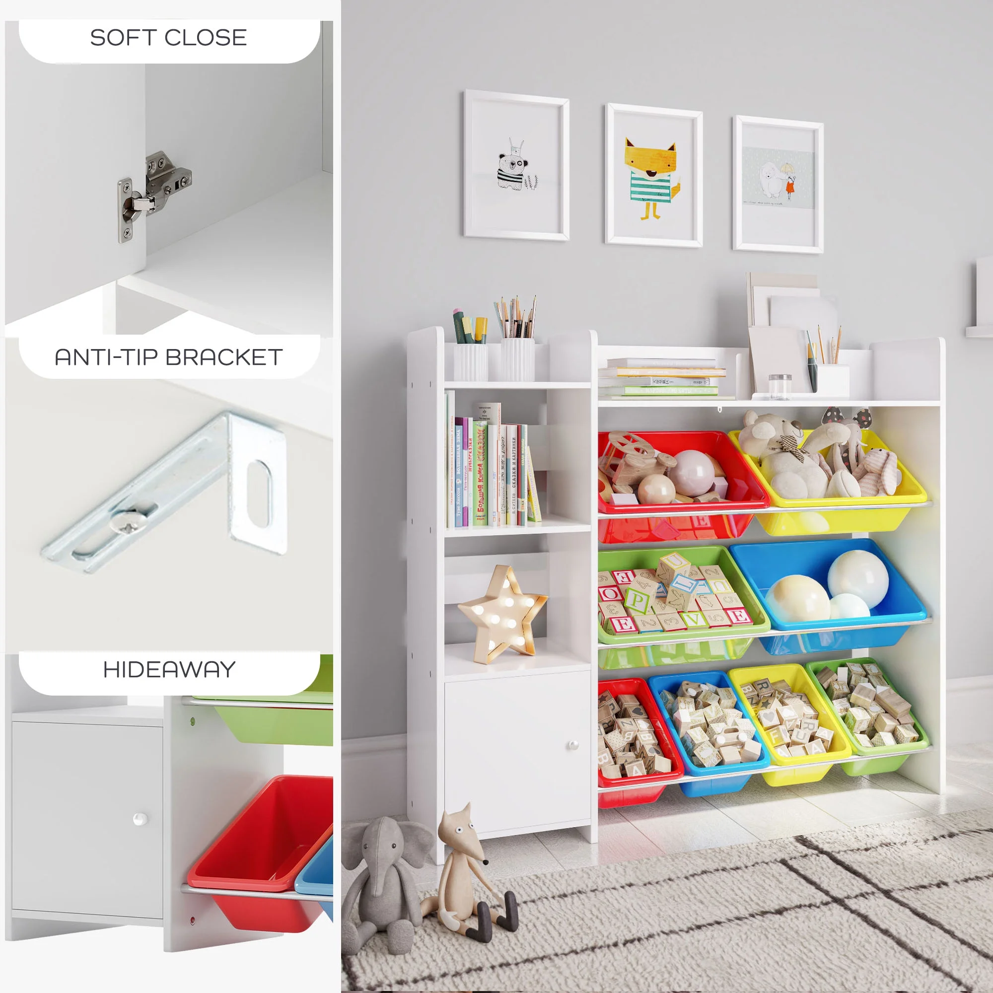 Sturdis Kids Toy Storage Organizer With Bookshelf and White Bins