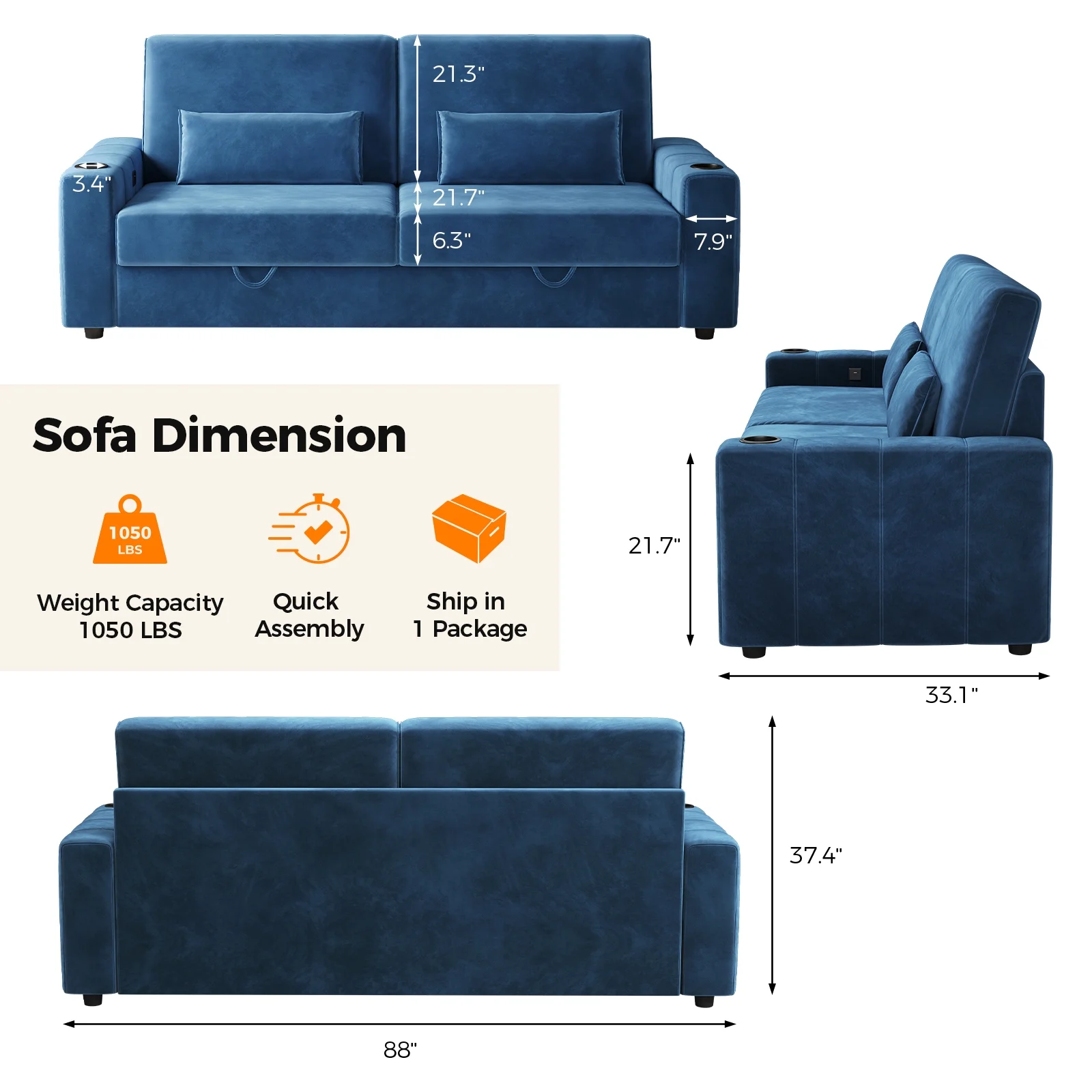 87-Large Loveseat Sofa, 3 Seater Couch with Storage, Velvet Fabric Deep Seat Sofa with Pillow& Cup Holders, Modern Comfy Sofa with USB& Type-C Ports, Home Sofa Couch for Living Room Bedroom