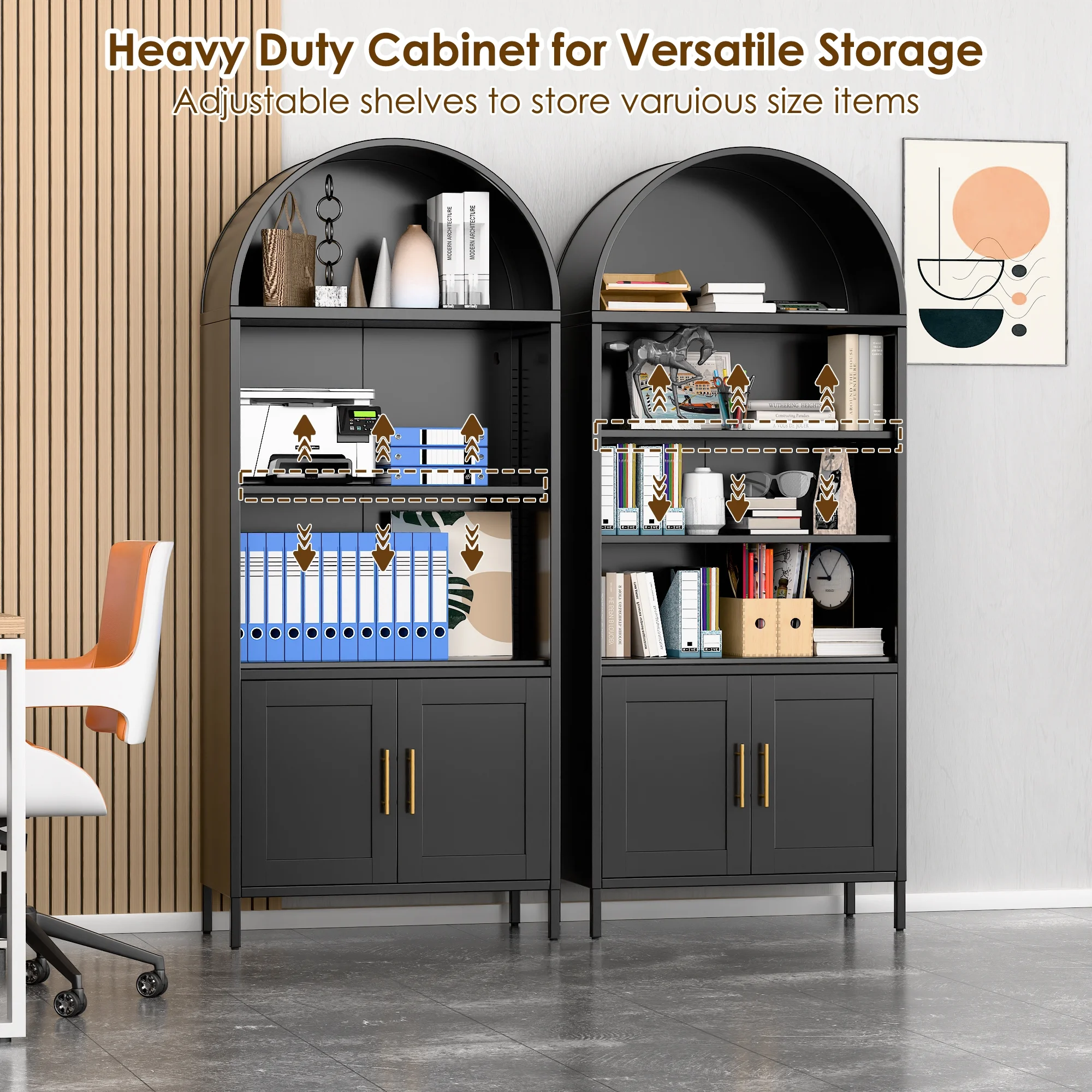 SUXXAN Metal Arched Storage Display Lockable Cabinets with Glass Doors and Adjustable Shelves, Assembly Required, Black