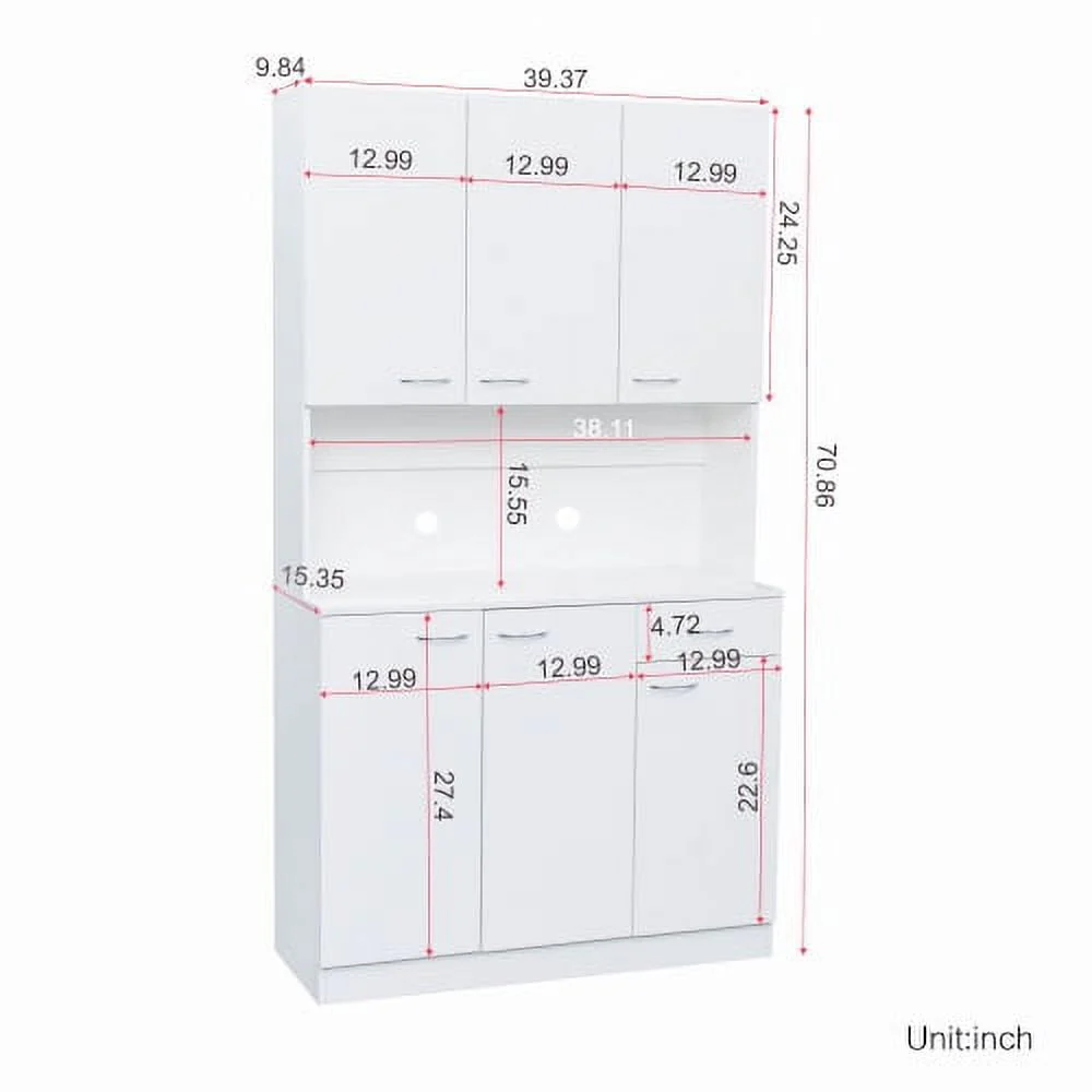 71" Tall Kitchen Storage Cabinet, Freestanding Kitchen Pantry Cabinet Cupboard with 6 Doors, 1 Open Shelf and 1 Drawer, Wood Storage Wardrobe, Organization Cabinet for Bedroom Kitchen Living Room