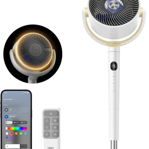 DREO Smart Fan for Bedroom, 120° +120° Omni-Directional Oscillating Fans, 100ft Quiet Pedestal Fan with RGB Light, 9 Speeds, 6 Modes, 20dB, 8H Timer, Wi-Fi/Voice/Alexa, 37-42" Floor Fans with Remote