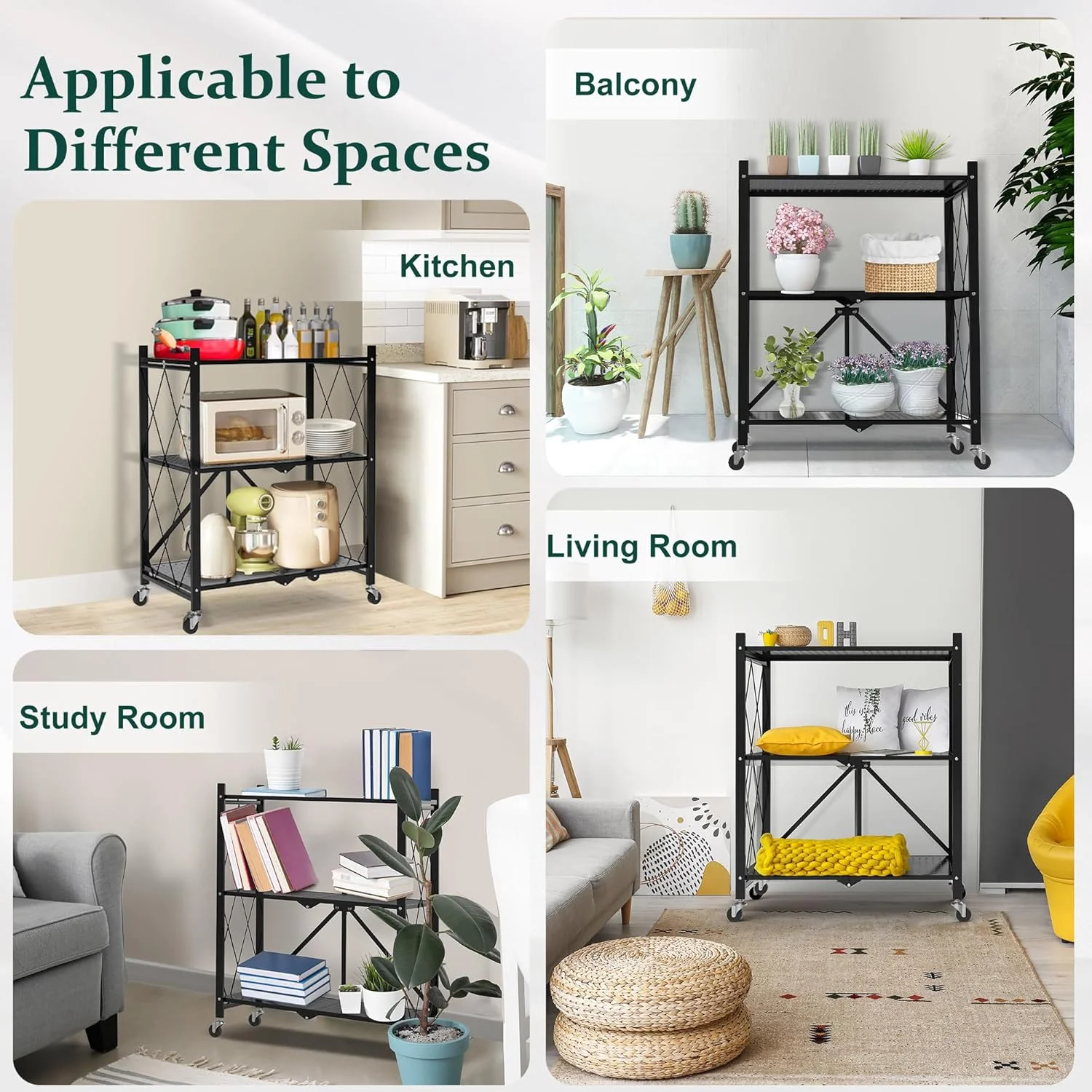Foldable 4-Tier Storage Shelves with Wheels, No Assembly Bookshelf, Heavy Duty Kitchen Racks and Shelves, Rolling Microwave Cart, Black