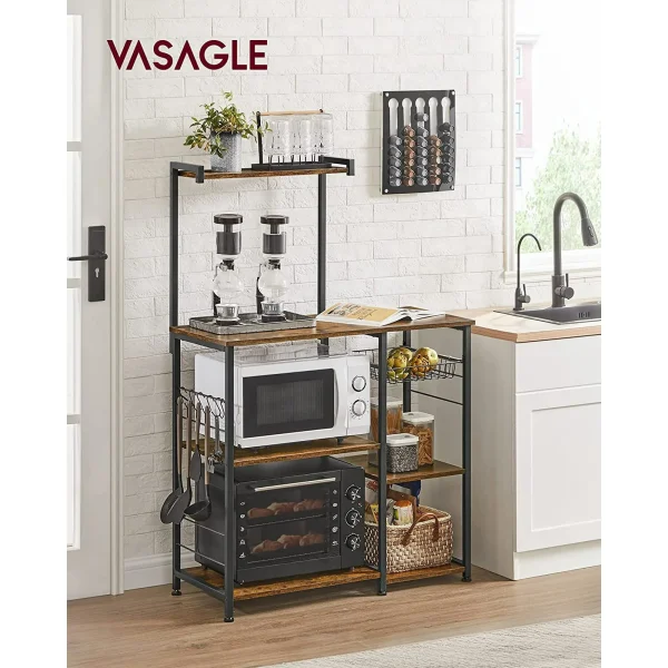 VASAGLE Baker's Rack Microwave Stand Kitchen Storage Rack with Wire Basket 6 Hooks & Shelves for Spices Pots & Pans Rustic Brown and Black Rustic Brown and Black