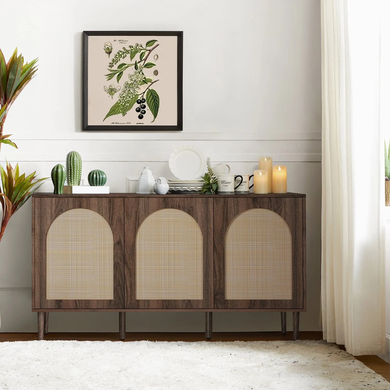 14 Karat Home 63" Wooden Sideboard 4 Doors Kitchen Storage Rattan Cabinet Living Room Adult Black