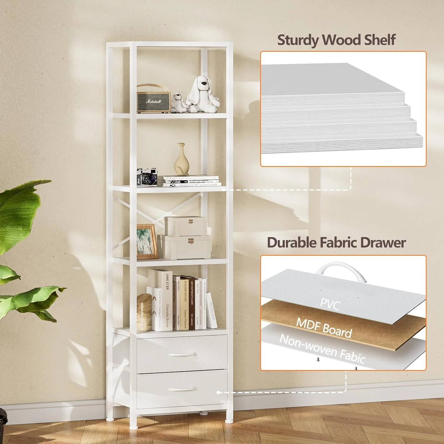 5-Tier Corner Shelf, Narrow Bookshelf with 2 Storage Drawers, Tall Bookcase, Wood Display Standing Shelf Organizer Unit for Living Room, Bedroom, Metal Frame(White)