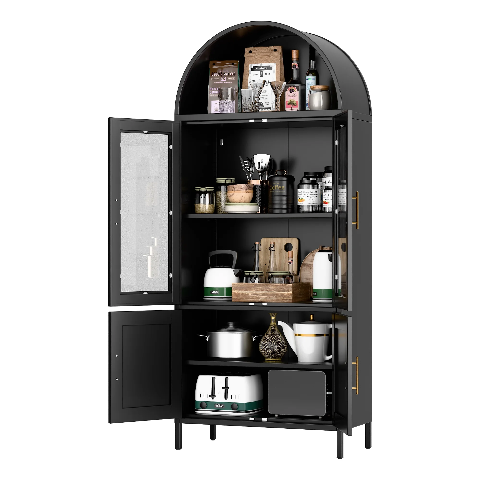 SUXXAN Metal Arched Storage Display Lockable Cabinets with Glass Doors and Adjustable Shelves, Assembly Required, Black