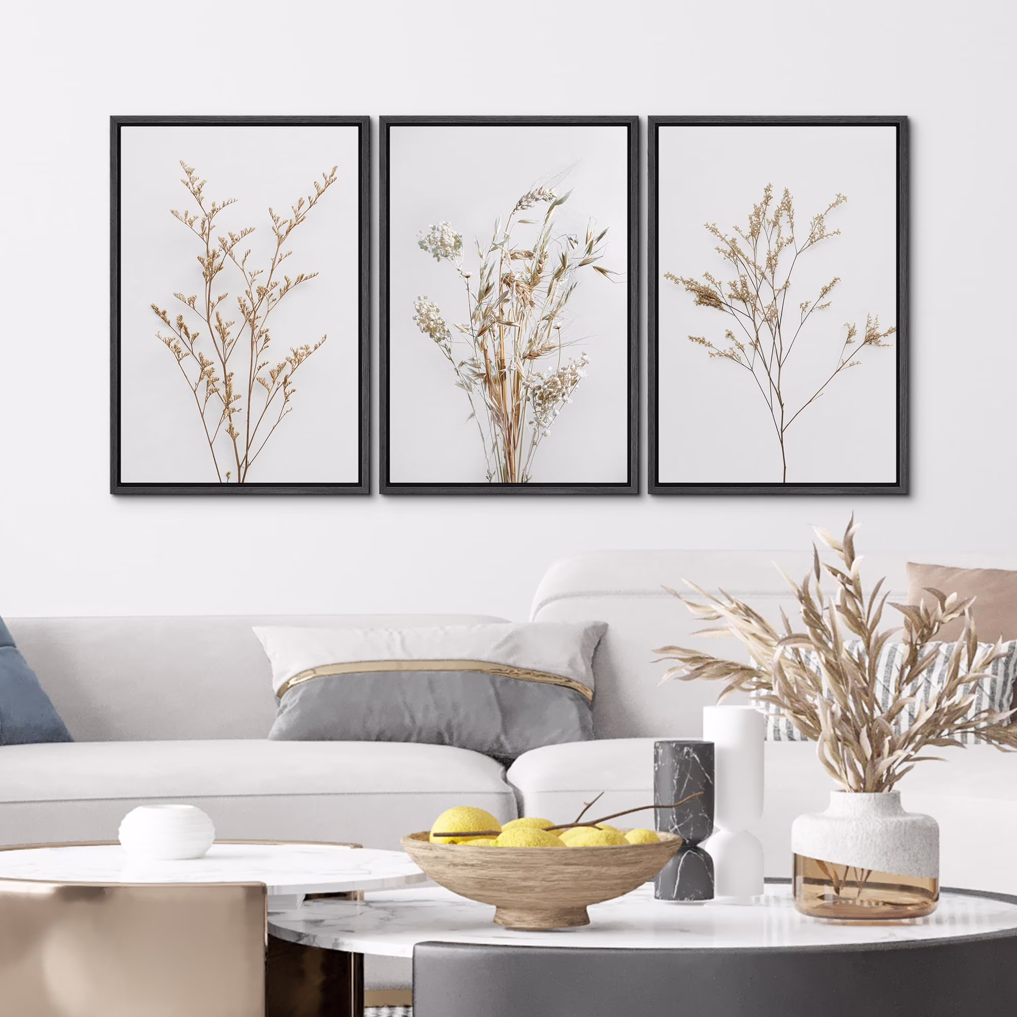 IDEA4WALL Framed Canvas Print Wall Art Set of 3 Wildflower Floral Botanical Prints, Modern Farmhouse Flowers Wall Decor, Large Wall Art, Minimalist Artwork for Home Decor - Black 16"x24"x3