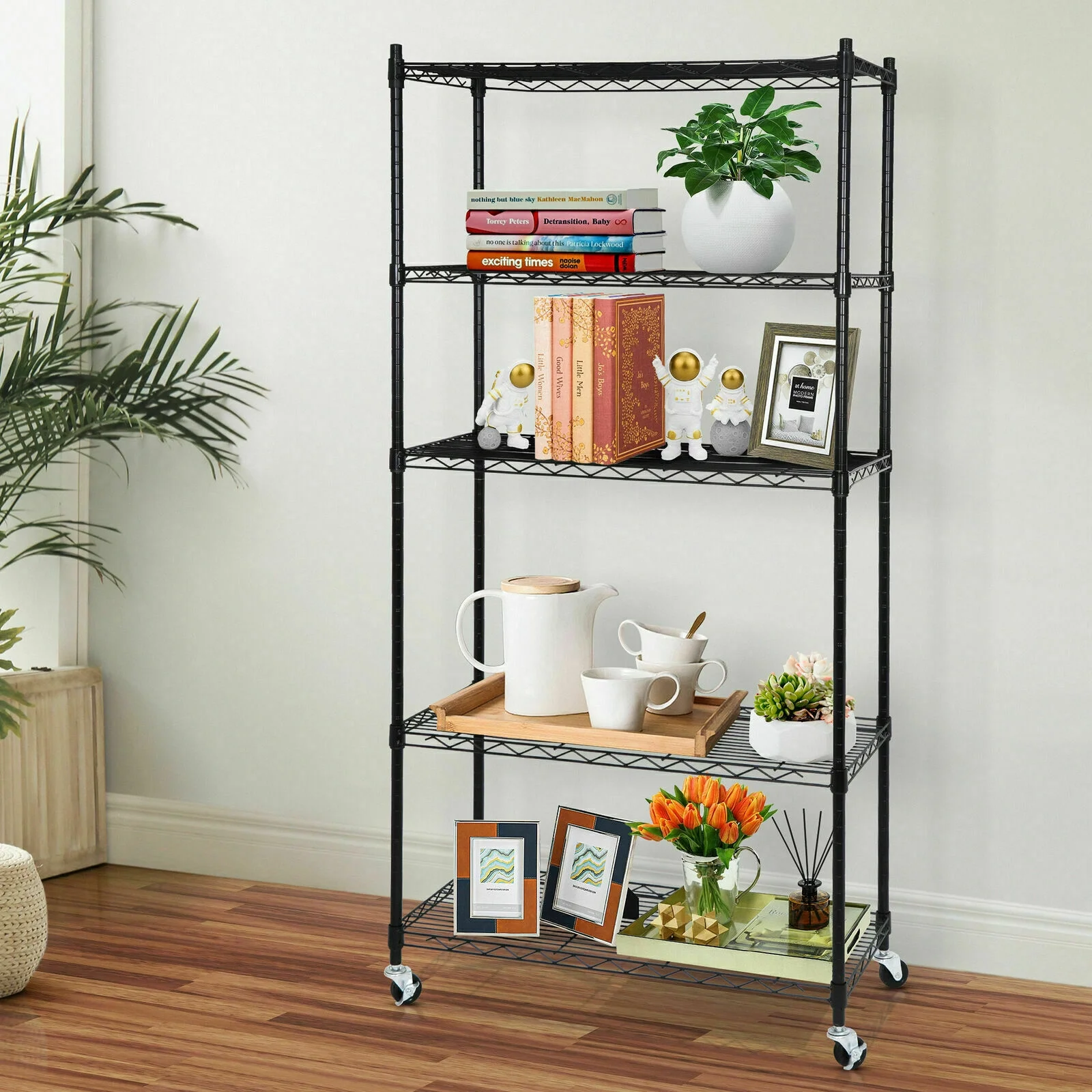 Brezey Set of 2 5-Shelf Wire Tier Layer Shelving Units with 4 Rolling Wheel Casters - Heavy-Duty Space-Saving Storage Solution, Dimensions: 30.1-(L)x14.2"(W)x63"(H)