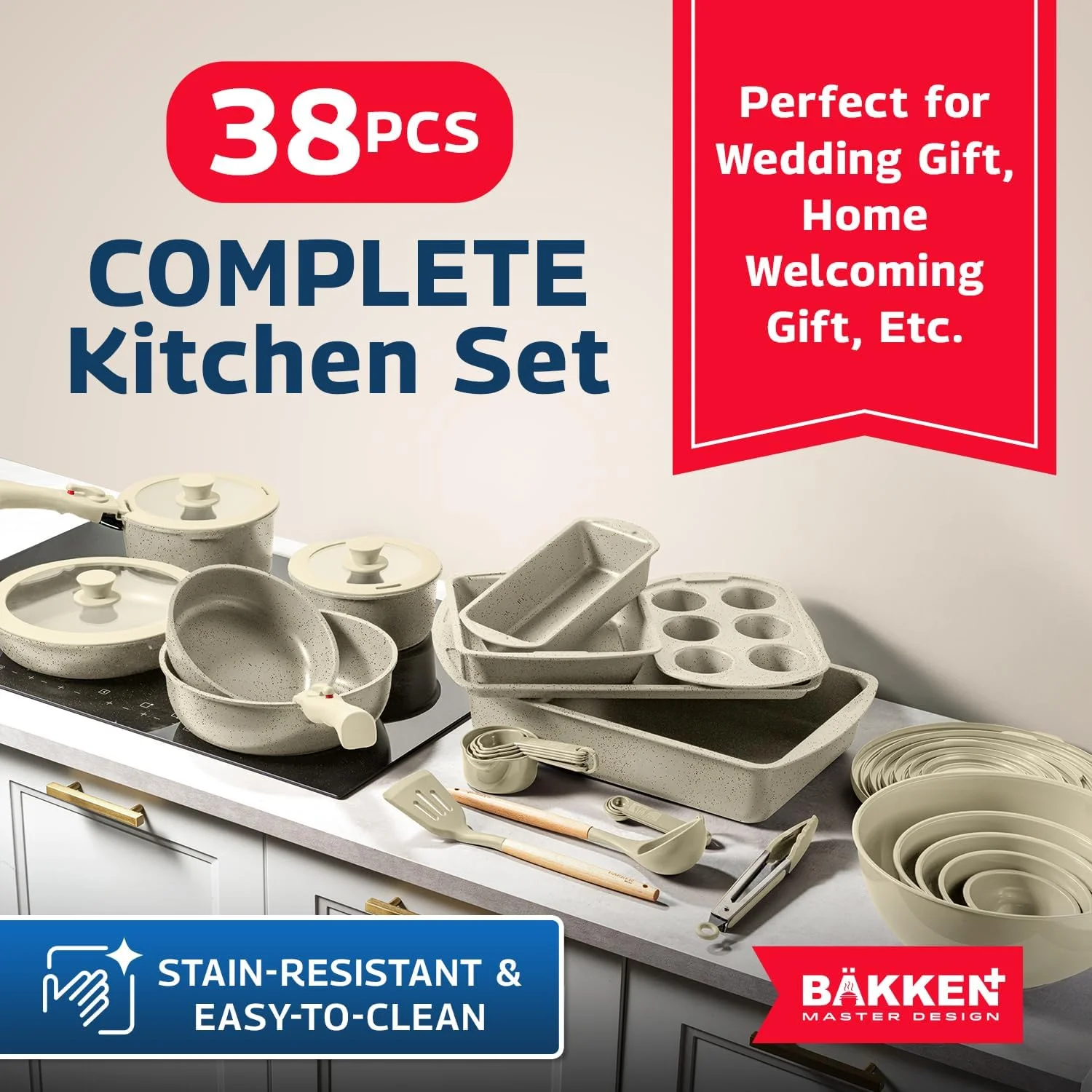 Bakken Master 38 Piece Granite Cookware and Bakeware Set -C Nonstick Granite Coating, Pots and Pans with Detachable Handles and Tempered Glass Lids, 6-piece Bakeware set, 12-piece Mixing Bowls,Brown