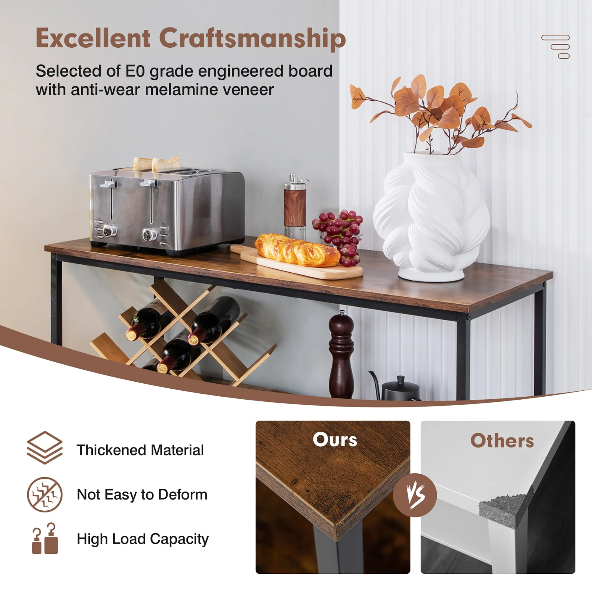 Costway Buffet Sideboard Kitchen Storage Cabinet Open Shelf w/ 3 Compartments Rustic