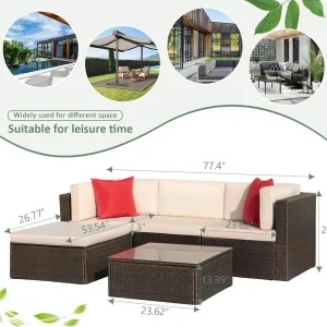 Devoko 5 Pieces Patio Furniture Sets All Weather Outdoor Sectional Patio Sofa Manual Weaving Wicker Rattan Patio Seating Sofas with Cushion and Glass Table(Beige)