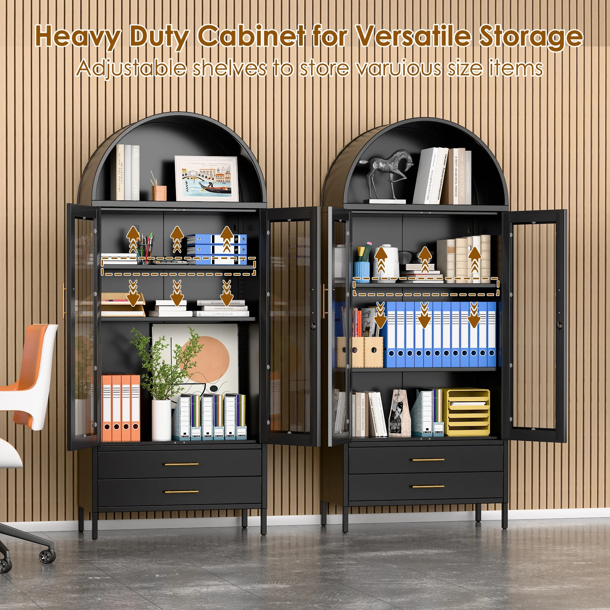 SUXXAN Metal Arched Storage Display Lockable Cabinets with Glass Doors and Adjustable Shelves, Assembly Required, Black
