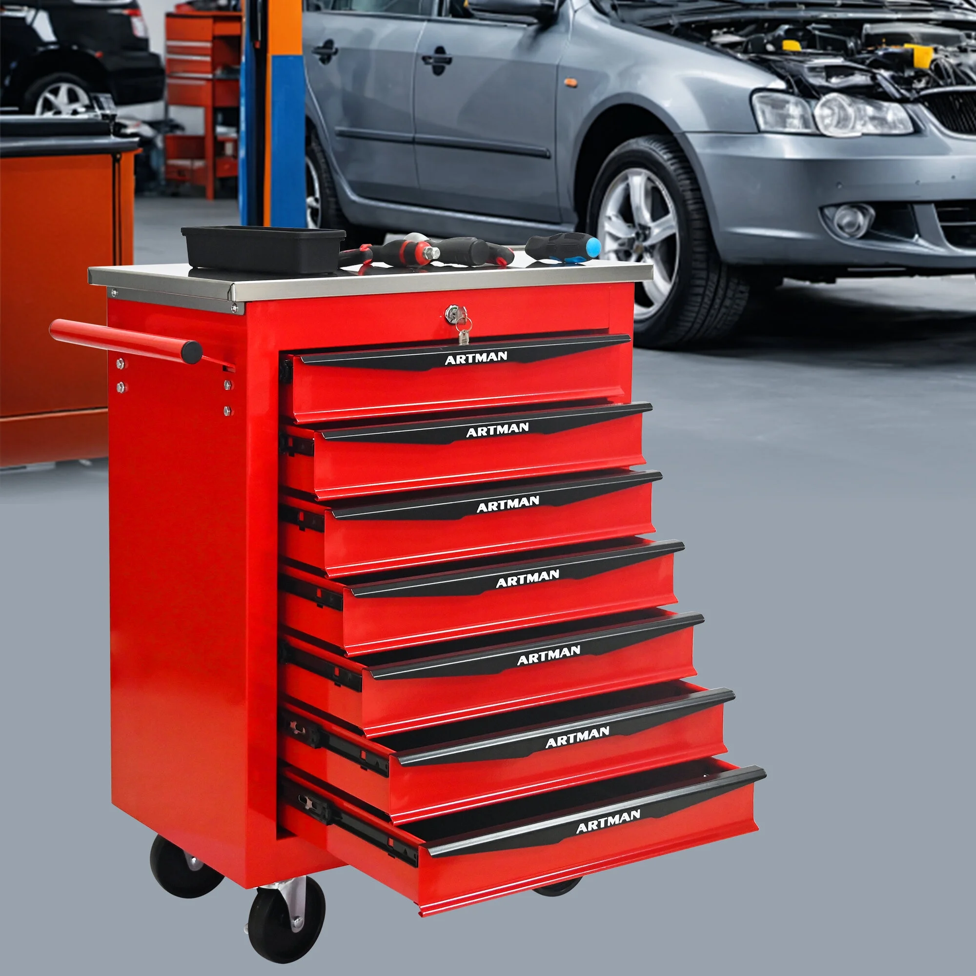 Tool Cabinets 4 Drawers Multifunctional Tool Cart with Wheels,Metal Rolling Tool Cart Storage for Garage Workshop Warehouse Repair Shop--With Stainless Steel Roof- Red&Black,Garage Tool Cabinets
