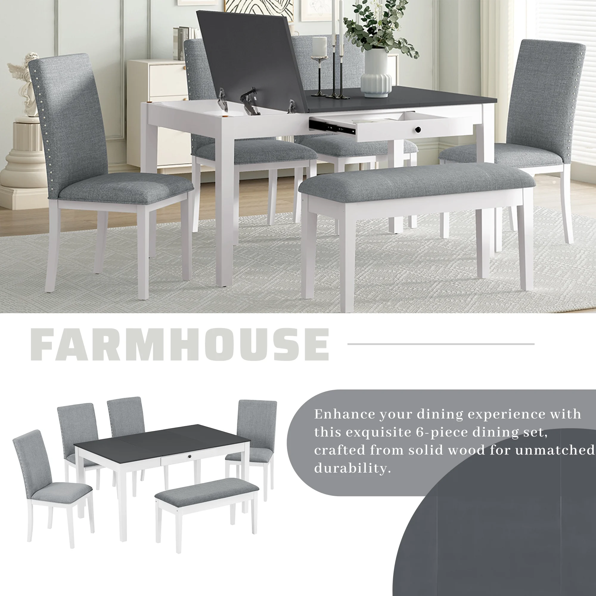 Harper & Bright Designs 6 Pieces Dining Table Set with Bench for 6, Kitchen Table Set with Storage Drawer and 4 Upholstered Dining Chairs, Dark Brown