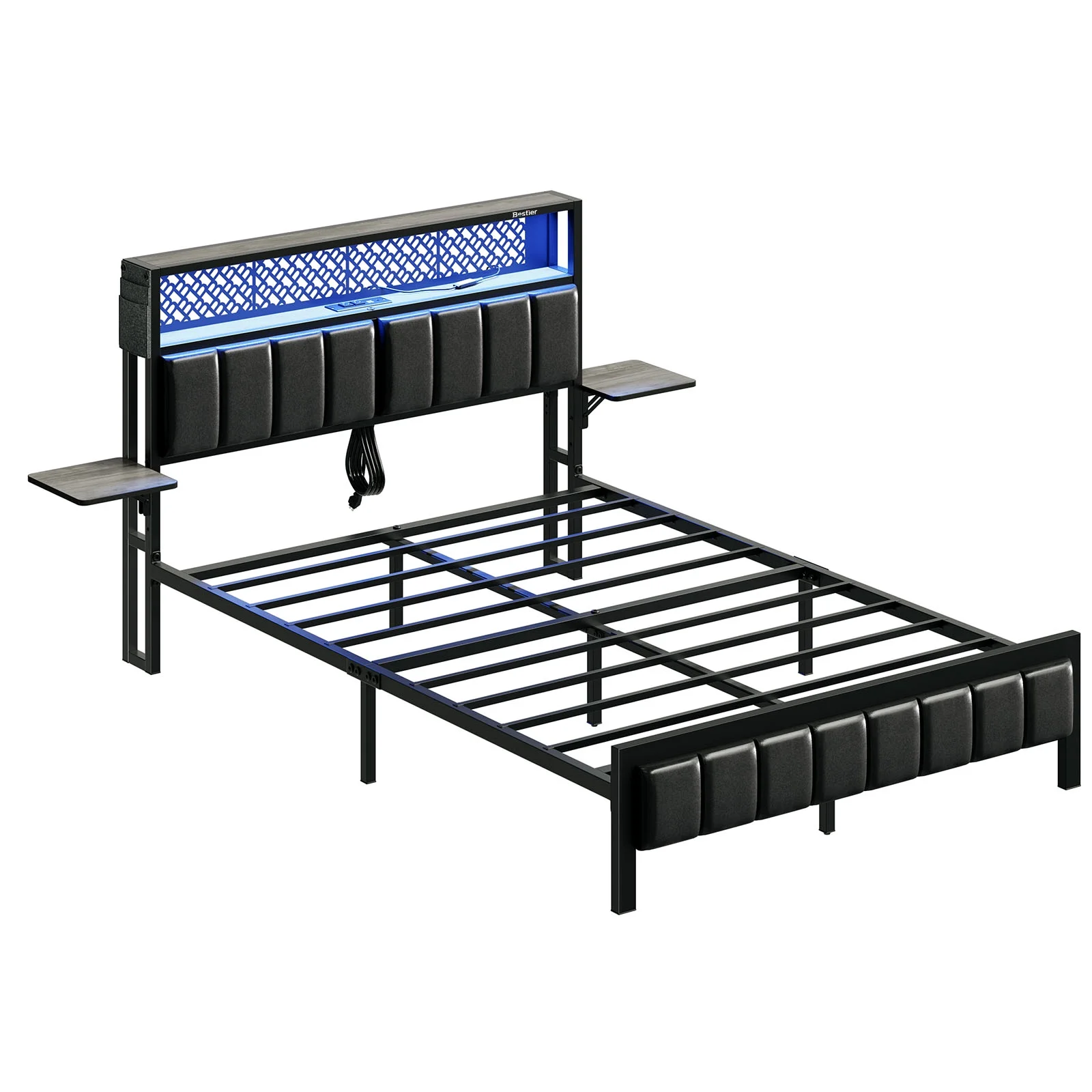 Bestier Queen Size Platform Bed Frame with Wood Foldable Bedside Shelves and LED Storage Headboard Charge Station, Gray