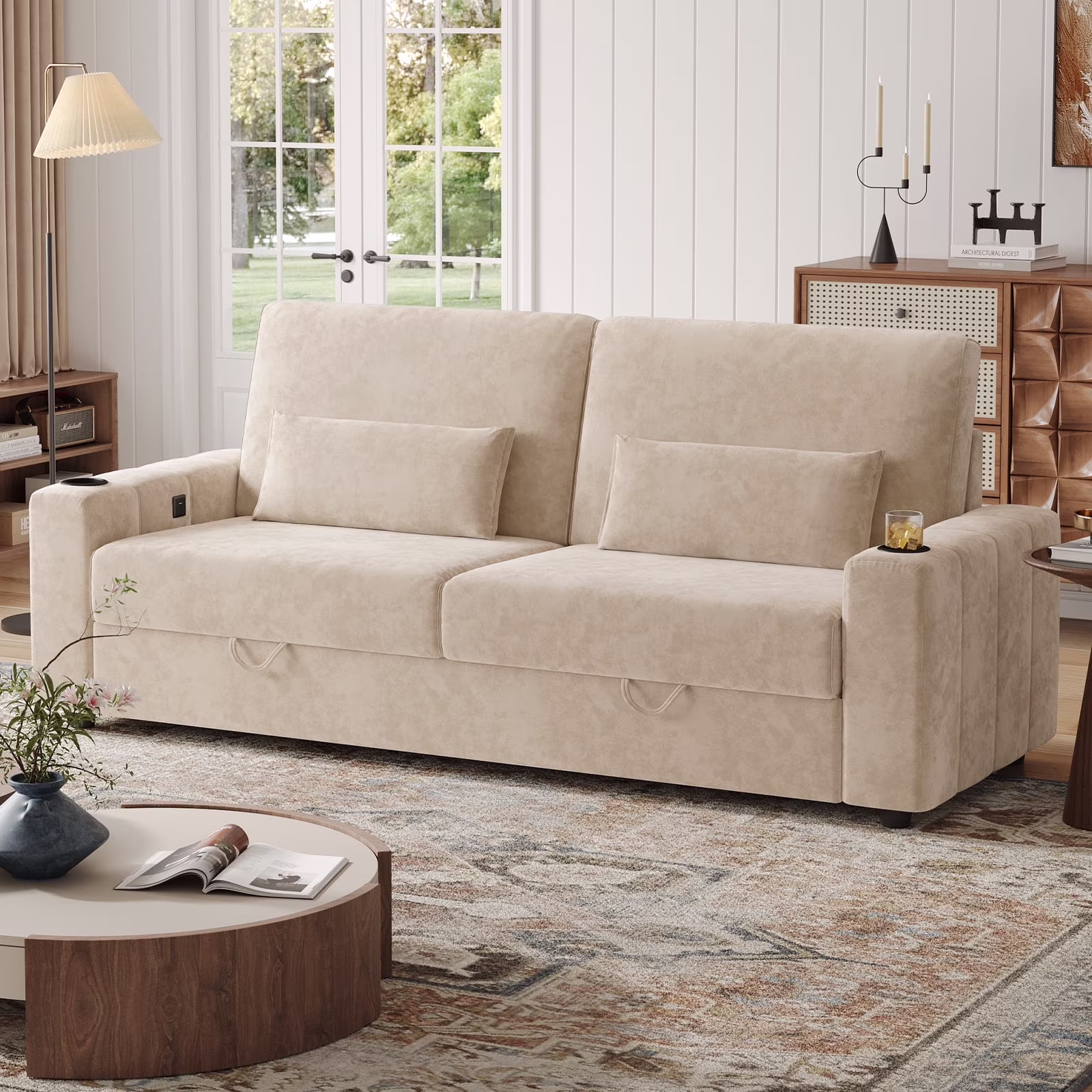 87-Large Loveseat Sofa, 3 Seater Couch with Storage, Velvet Fabric Deep Seat Sofa with Pillow& Cup Holders, Modern Comfy Sofa with USB& Type-C Ports, Home Sofa Couch for Living Room Bedroom