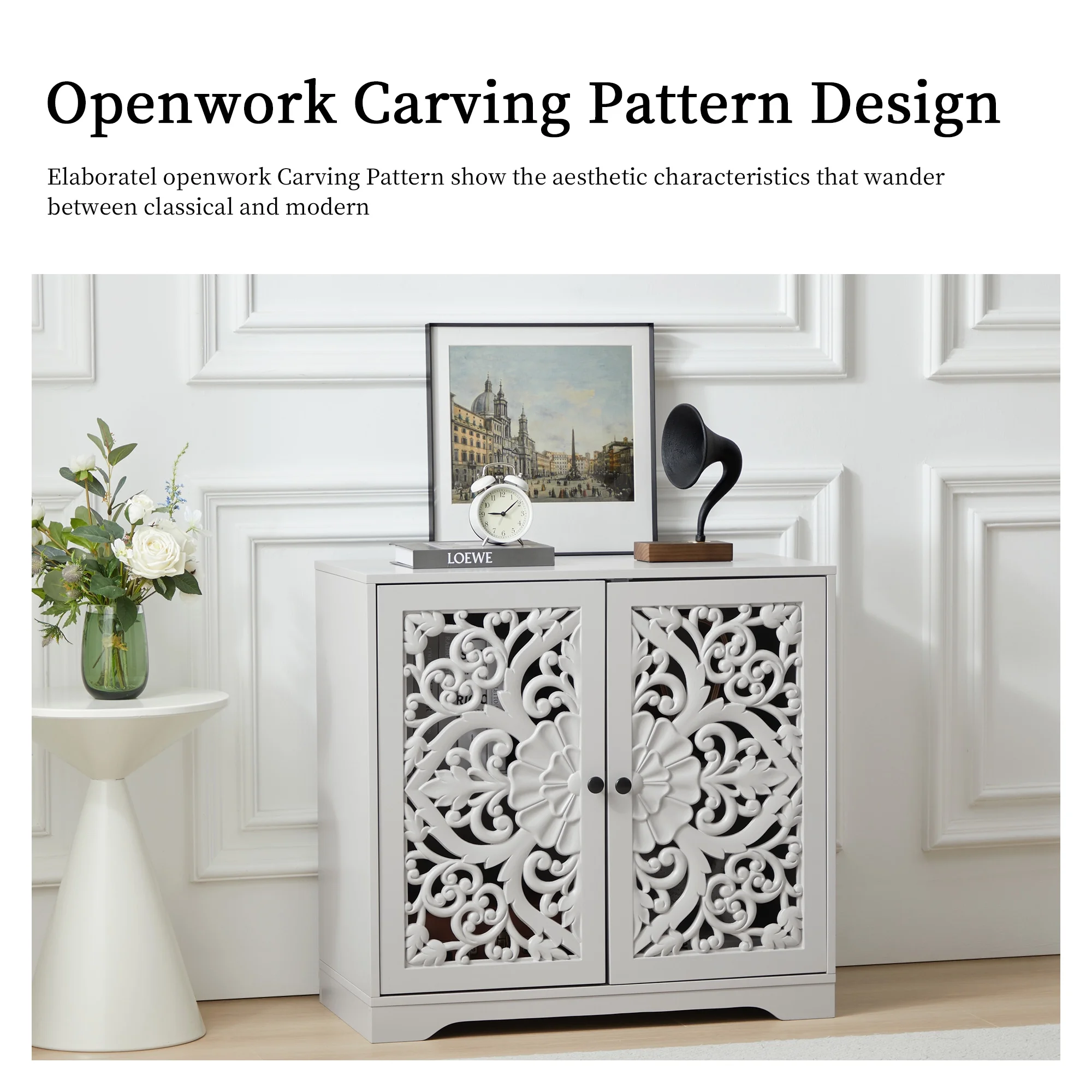 Accent Cabinet with Hollow Carved Door for Entryway Hallway, Blue Sideboard Buffet Cabinet, Storage Cabinet for Living Room