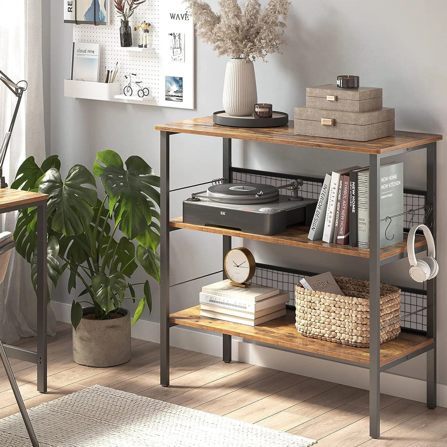 Cheflaud Rolling Kitchen Storage Cart Island with large open shelves and Large Worktop, 3-Tier Kitchen Baker’s Rack with 10 Hooks, Stable Steel Structure and Easy Assembly, Rustic Brown