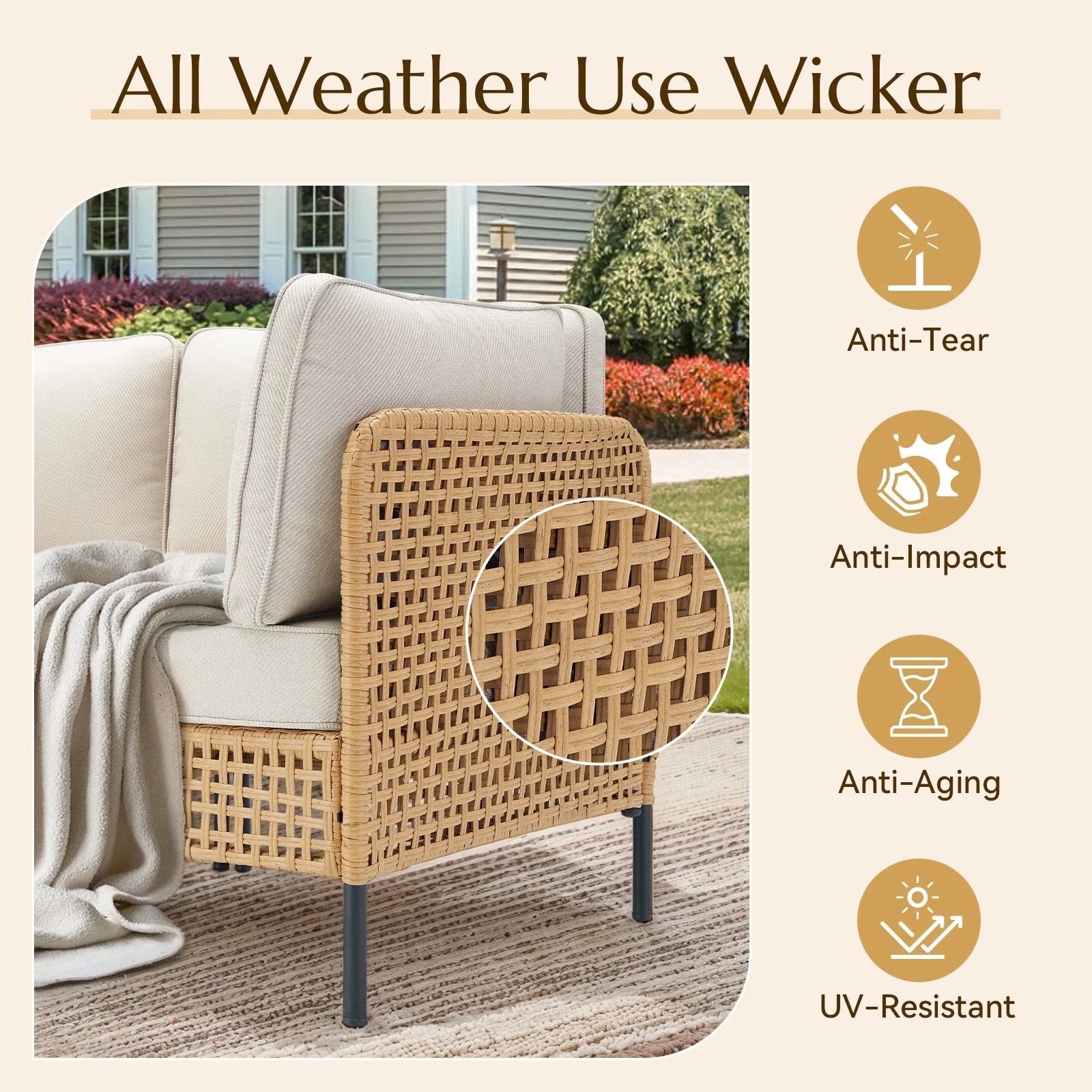 PPorfamilia Outdoor Modular Sectional Furniture Set, 7 Piece Natural PE Rattan Sofa Set with 2 Corner Chairs, 4 Middle Chairs, Side Table, and Beige Deep Seat Cushions, for Patio Backyard Deck