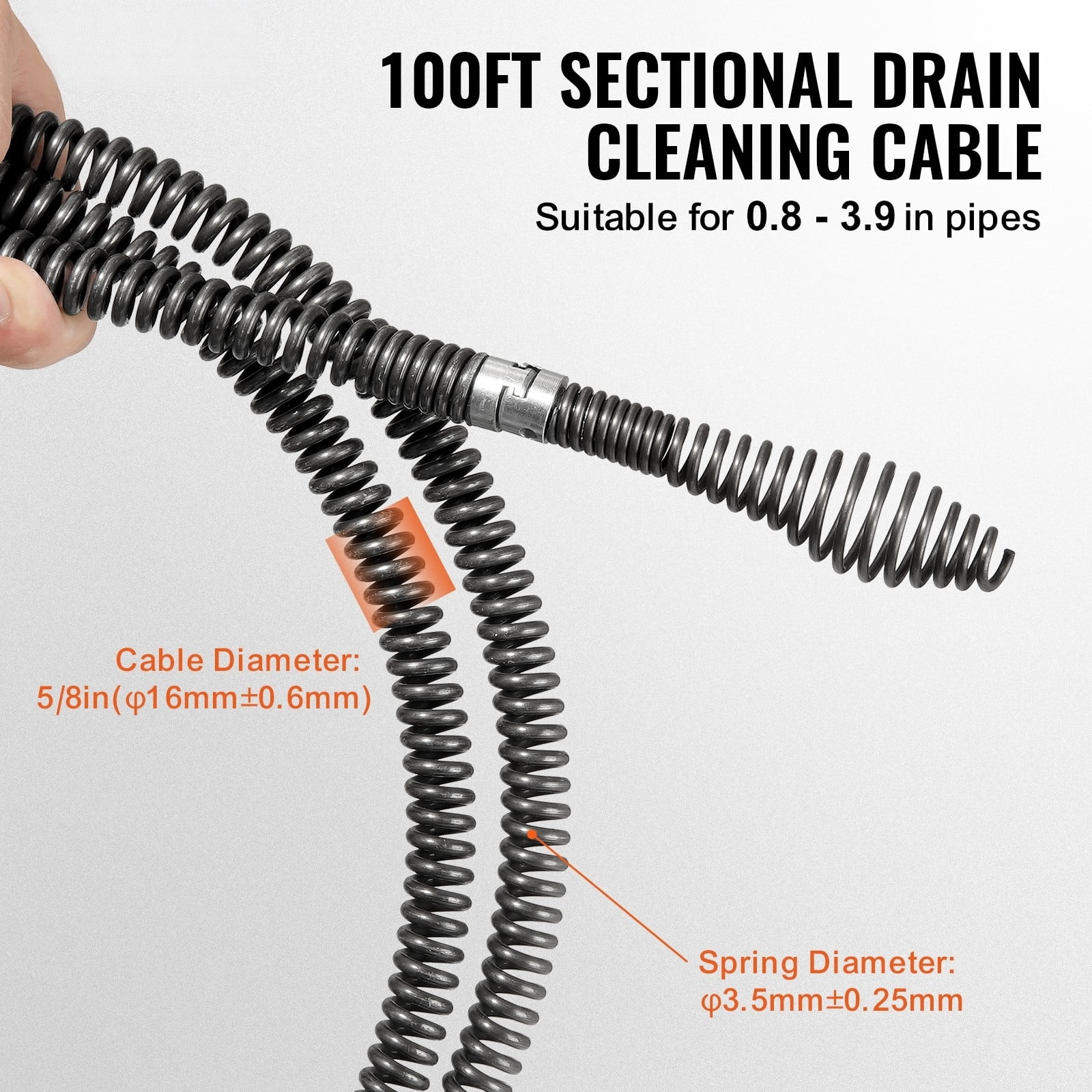 KFFKFF 100FTx5/8In & 7 Cutouts Drain Cleaning Cable for 0.8"-3.9" Pipes
