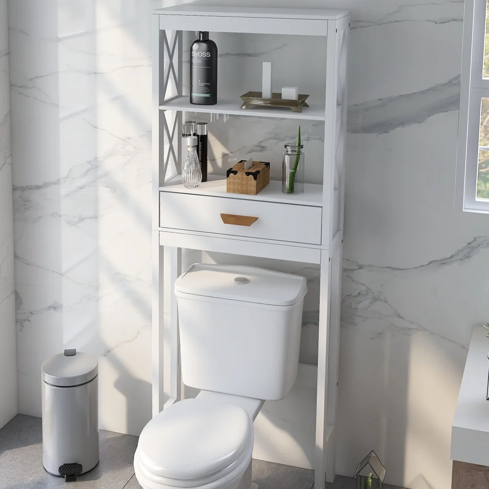 Over The Toilet Storage Cabinet with Drawer and 2 Shelves,Bathroom Space Saver Storage Rack,Toilet Shelf Organizer,White