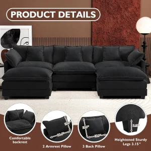 Ihanherry 146" U-Shaped Modern Sofa Modular Sectional Cloud Couch with 2 Ottoman, 6-Seat Chenille Deep Seat Sofa with 6 Pillows for Living Room, Bedroom and Apartment, Grey