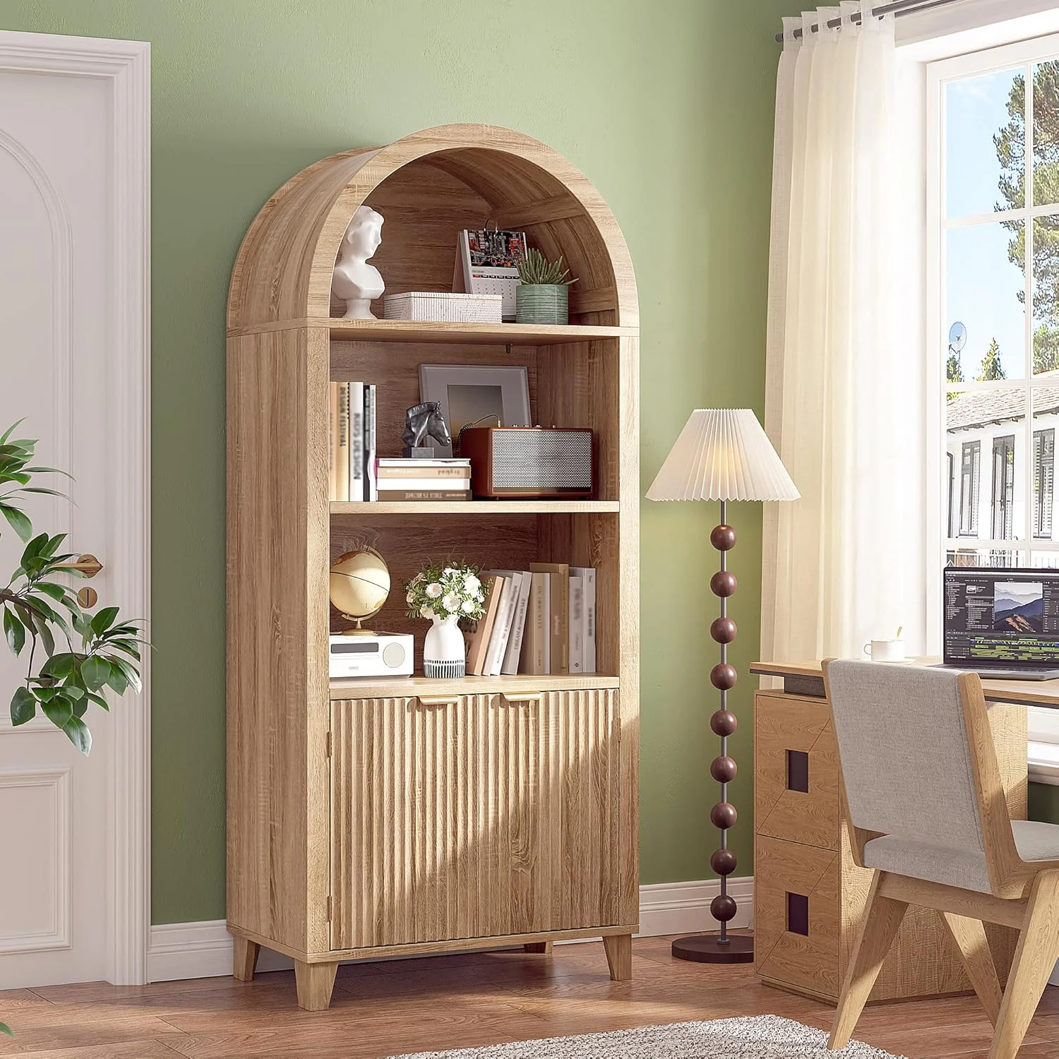 Bookshelf Arched Cabinet,5-Tier Arched Bookcase with Doors and Adjustable Shelves,Wooden Storage Cabinet with Open Display Shelf for Office,Living Room-Light Oak