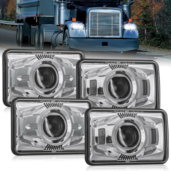 4x6 "Led Headlights 60W DOT Approved Hi/Lo Sealed Beam Rectangular headlights Replacement H4651 H4652 H4656 H4666 H6545 Compatible Kenworth Peter Bill Ford Freighter (silver, 4PCS)