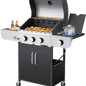 Upgraded 4 Burner BBQ Propane Gas Grill with Cast Iron Grates & Side Stove, 44,000 BTU Stainless Steel Burner Barbecue Grill for Patio, Camping, Outdoor Cooking.