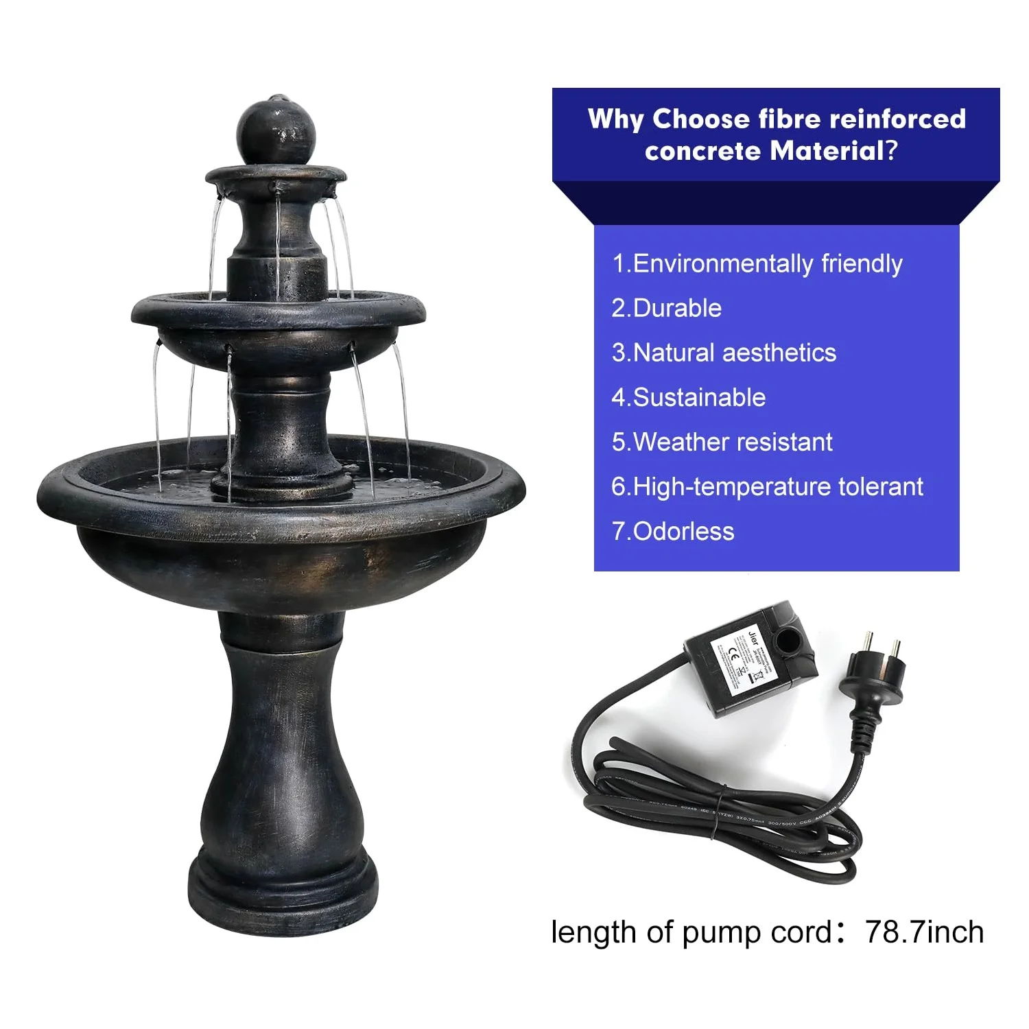 48-?H Outdoor Floor Water Fountain, 3-Tiers Concrete Water Fountain with Submersible Electric Pump - Garden Cascading Waterfall for Yard Patio Lawn Home Decor