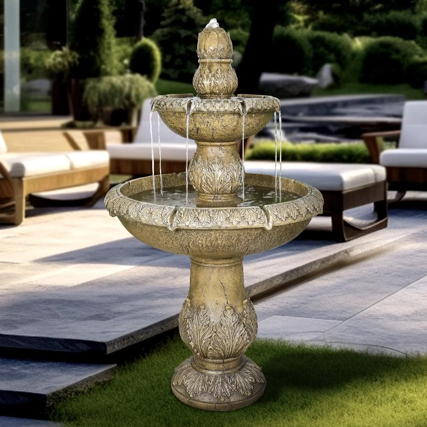 48-?H Outdoor Floor Water Fountain, 3-Tiers Concrete Water Fountain with Submersible Electric Pump - Garden Cascading Waterfall for Yard Patio Lawn Home Decor