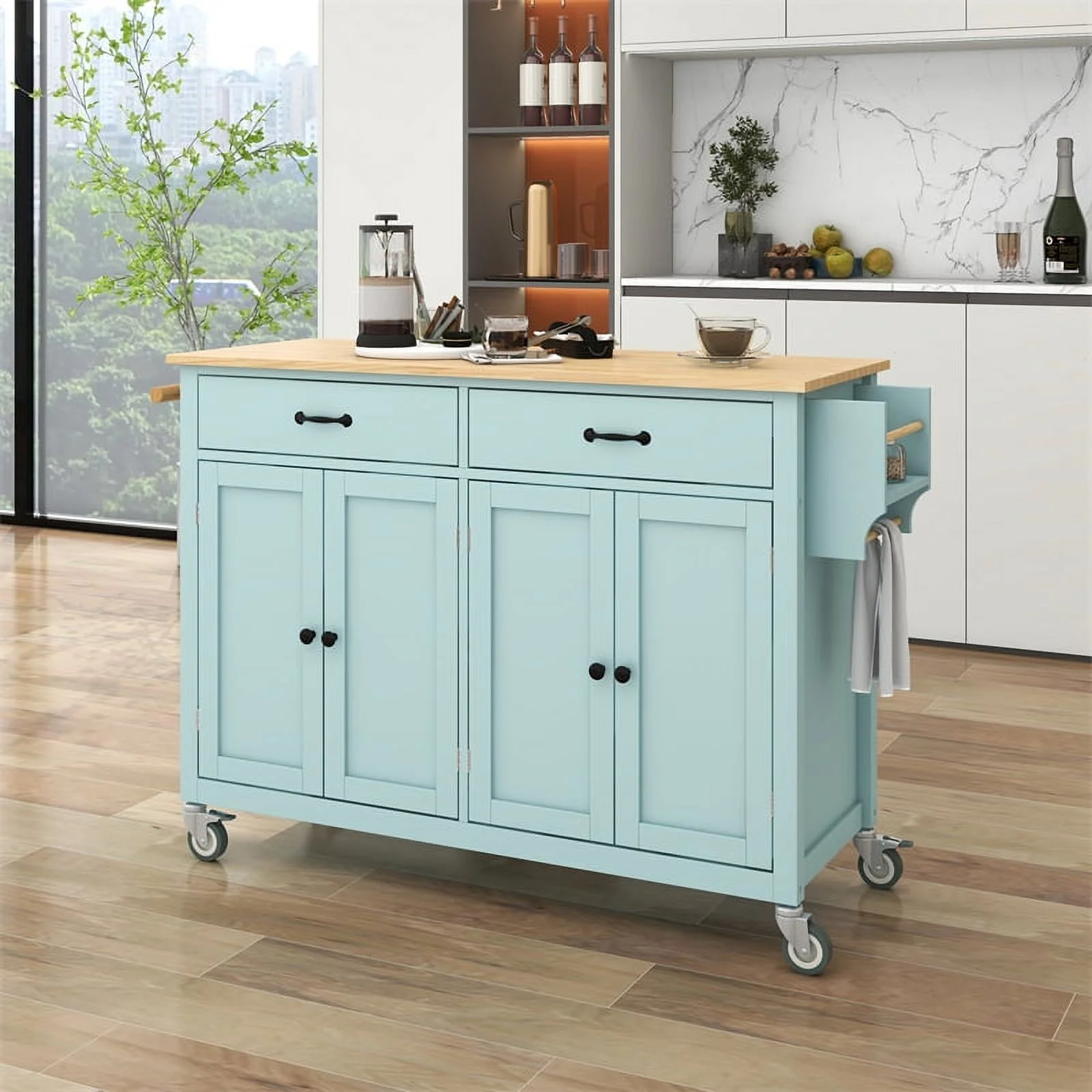 Kitchen Storage Islands&Carts with Solid Wood Top and Locking Wheels, Kitchen Island Cart with 4 Door Cabinet and Two Drawers, Kitchen Cabinets for Kitchen and Dining Room, Green