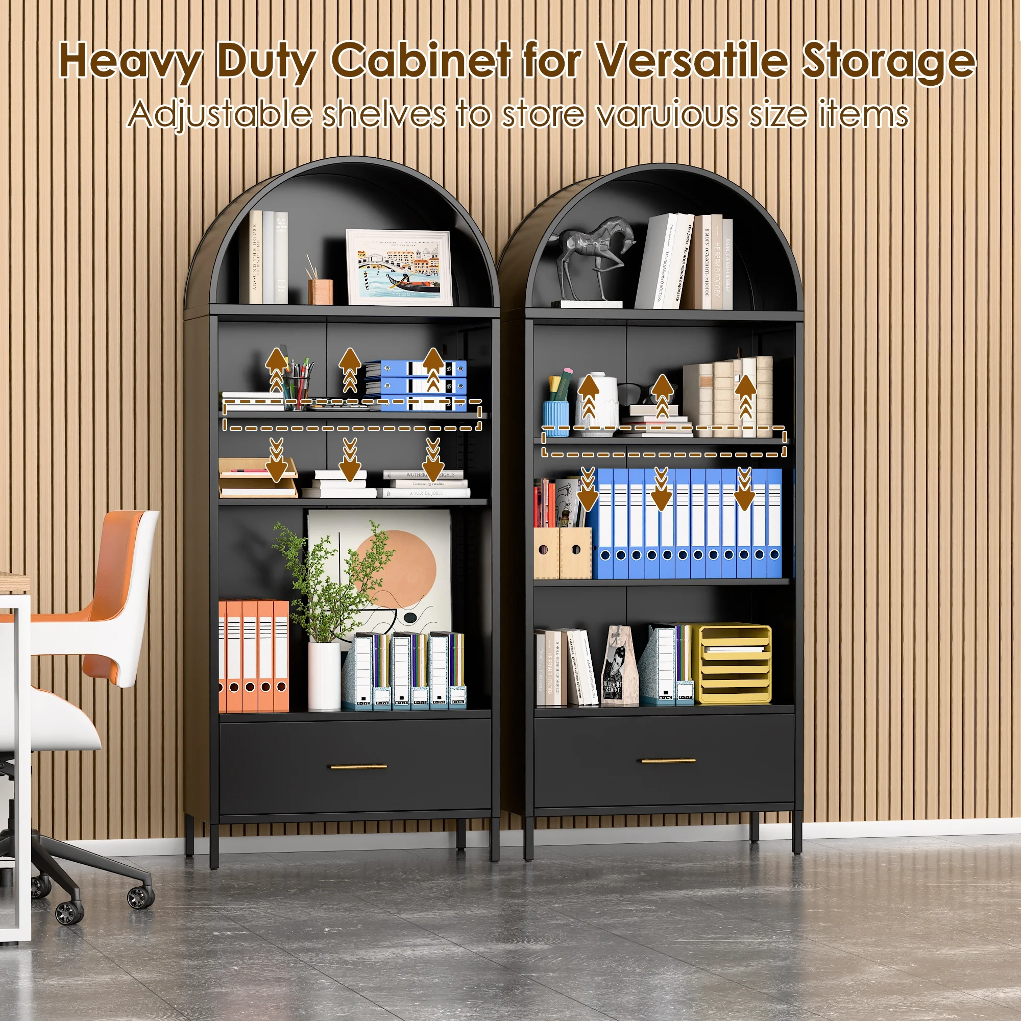 SUXXAN Metal Arched Storage Display Lockable Cabinets with Glass Doors and Adjustable Shelves, Assembly Required, Black