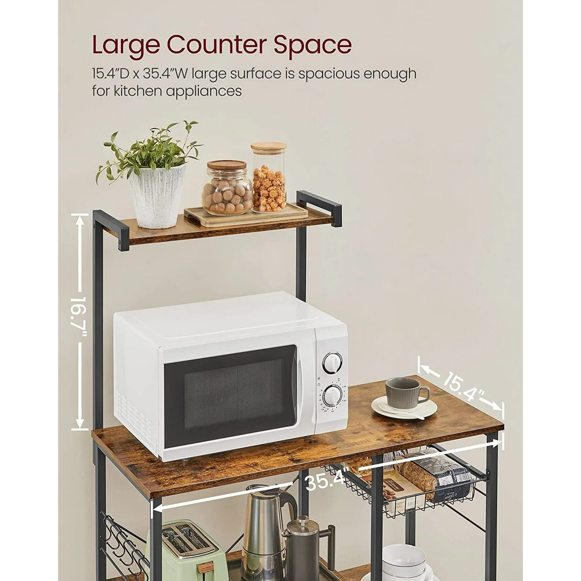 VASAGLE Baker's Rack Microwave Stand Kitchen Storage Rack with Wire Basket 6 Hooks & Shelves for Spices Pots & Pans Rustic Brown and Black Rustic Brown and Black