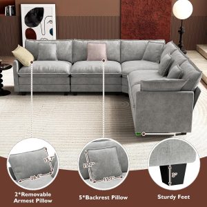 Ihanherry 146" U-Shaped Modern Sofa Modular Sectional Cloud Couch with 2 Ottoman, 6-Seat Chenille Deep Seat Sofa with 6 Pillows for Living Room, Bedroom and Apartment, Grey