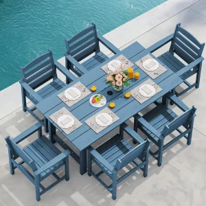SERWALL 7-Piece Patio Table Set, Outdoor HDPE Dining Furniture with Umbrella Hole, All Weather Table and Chairs for Lawn, Garden, Poolside, Aruba