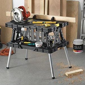 Keter ?C 197283 Folding Table Work Bench for Miter Saw Stand Woodworking Tools and Accessories with Included 12 Inch Wood Clamps ?C Easy Garage Storage Black/Yellow