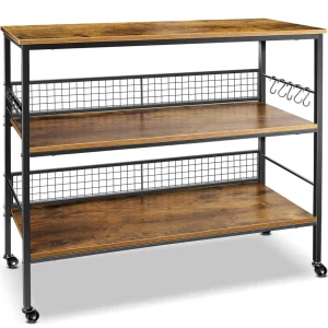 Cheflaud Rolling Kitchen Storage Cart Island with large open shelves and Large Worktop, 3-Tier Kitchen Baker’s Rack with 10 Hooks, Stable Steel Structure and Easy Assembly, Rustic Brown